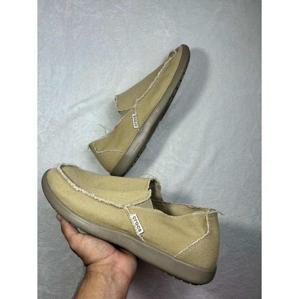 Crocs Shoes Mens Size 14 Beige Canvas Slip On Comfort Casual Loafers 10128